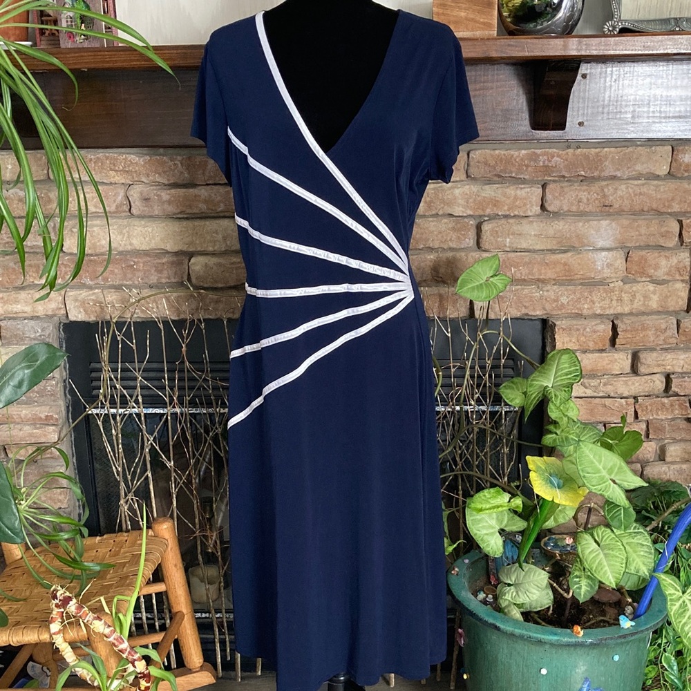 Connected Apparel Navy Dress with White Accents